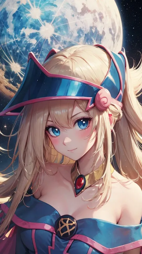 Hyperrealistic portrait of a young Dark Magician Girl with a mischievous expression. She wears only LINGERIE that highlights her figure, with ultra-white, glowing skin that looks almost ethereal. Her hair is extremely long, silky and smooth, of a vibrant s...