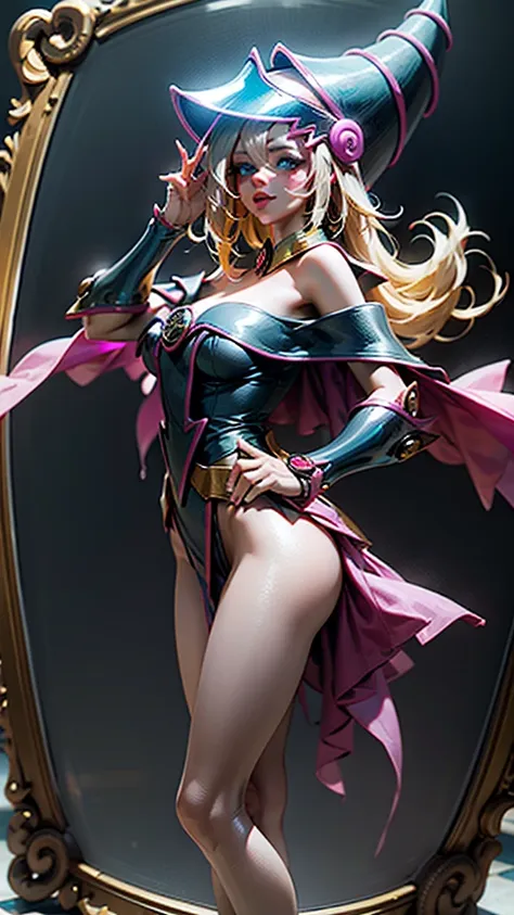 hyperrealistic portrait of a young dark magician girl with a mischievous expression. she wears only a negligee that highlights h...