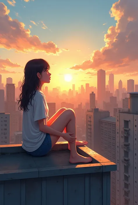 A girl relaxing on top of an apartment roof looking at the city with a beautiful sunset