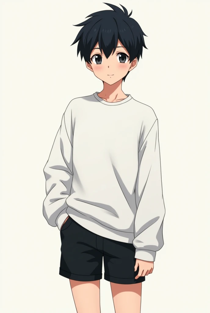 A teenage anime character with black hair, white long sleeve shirt and black shorts and male gender 