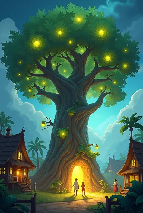 **Magical Tree in a Village:** A vibrant village scene with a large, mystical tree at its center. The tree should have a glowing aura, and its fruits should appear enchanted, glowing softly with a magical light. The village should be small with simple huts...