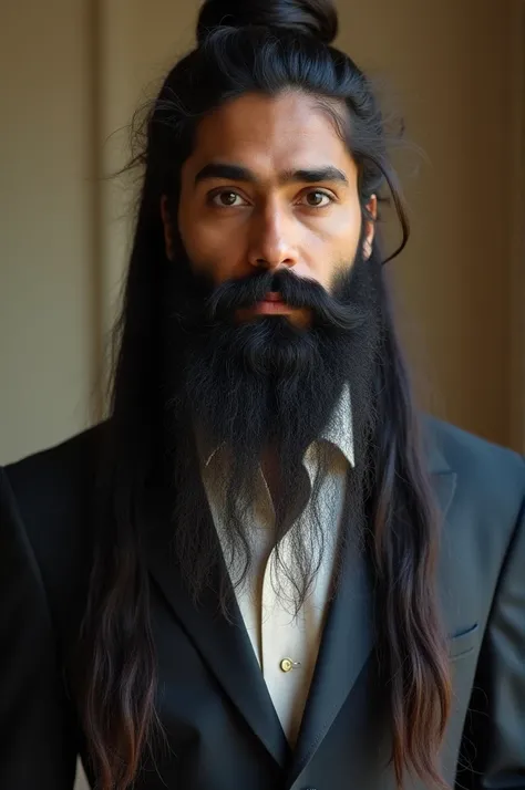 Indian Young adult with long and fully tied hairs and heavy beard in full set of formals 