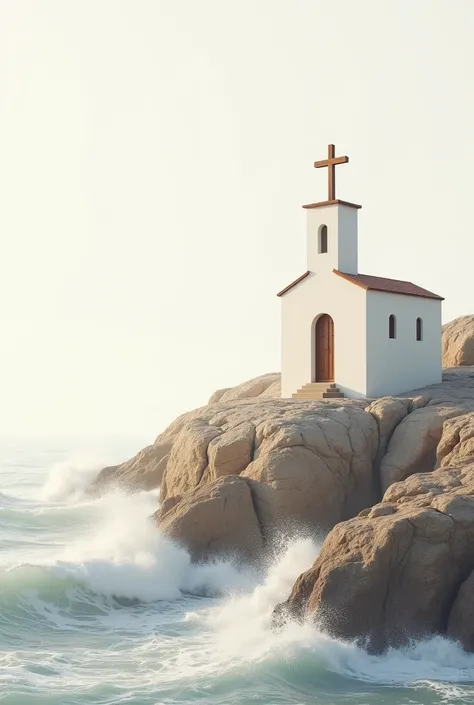 A church on a rock, which is between the sea with big waves hitting the rocks and the sun shines on the church and creates a shadow of the cross on it all in white and beige all in minimalist style for an astehetic logo 