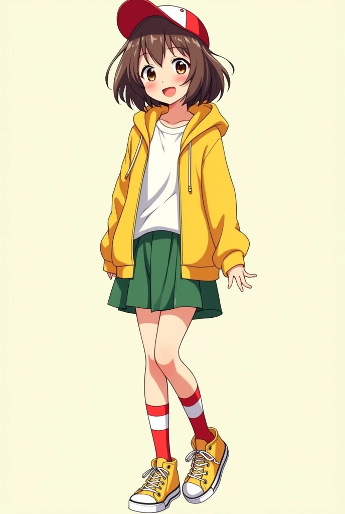 a 1 teenage anime girl with short, brown hair and eyes with a knee-length green skirt, white school blouse under a yellow hoodie and yellow sneakers with knee length socks and red and white cap