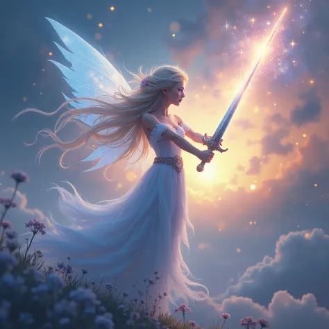 a blond long hair fairy with a sword in hands, sparkle brightening magic conted, magical dreaming backround in sky, gradient of vibrant colors, feather wings