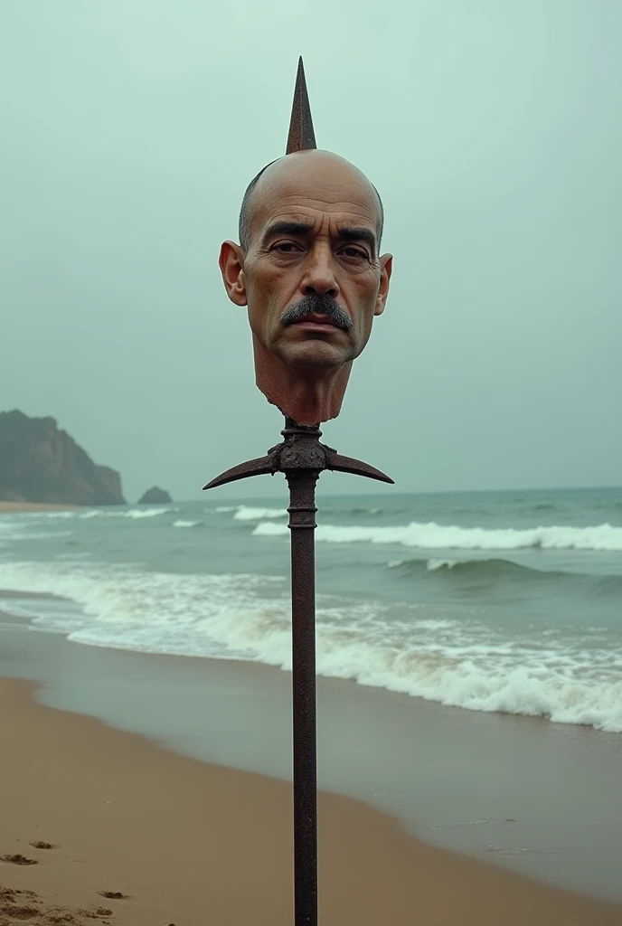 head of alexandre de moraes on a mediaval war spear on a deserted beach