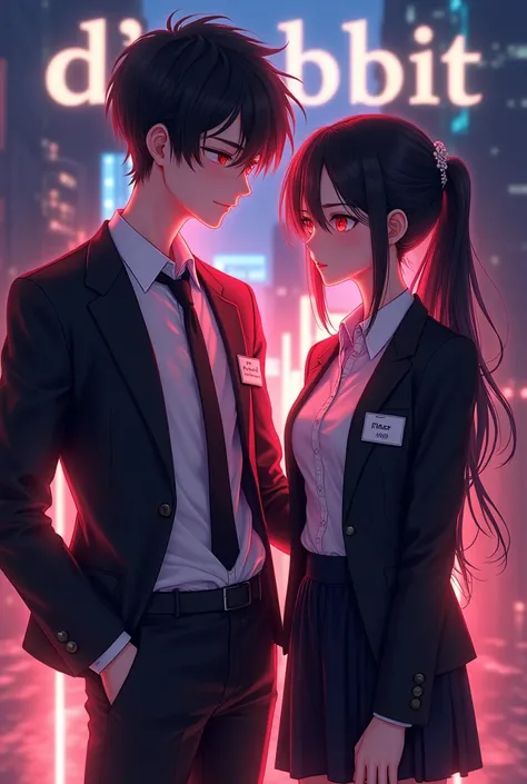 Create 3D anime couple character:

{character 1: {background HD text: “D’Rabbit”, night}, white skin,
realistic, HDR, handsome, korean style, full body, age 20, Officw Clotes name card: “Pras”, glow light, male, dark black hair, dark red eye}

{character 2...