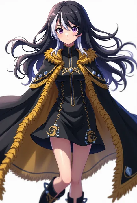 My Hero Academia, a teenage girl, with black hair, Wavy, with white locks, Purple eyes with golden highlights, has a serious expression. wear hero suit, of a black dress with gold and grey details, and a black cape with gold-colored plush with gray stones....