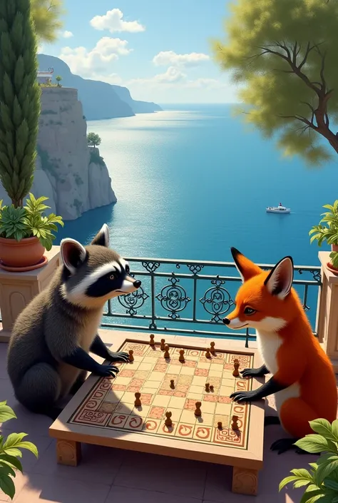 A raccoon and a fox play chu shogi on a terrace overlooking the Mediterranean.