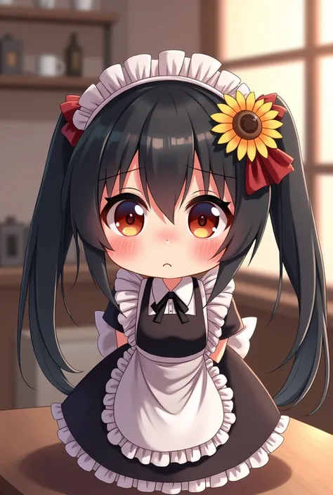 Chibi Character　Idol　Maid clothes　Twin tails　Black Hair　Sunflower hair ornament　Droopy eyes　figure 8 eyebrows　Sad　maid Cafe