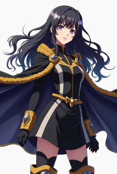 My Hero Academia, a teenage girl, with black hair, Wavy, with white locks, Purple eyes with golden highlights, has a serious expression. wear hero suit, of a black dress with gold and grey details, and a black cape with gold-colored plush with gray stones....