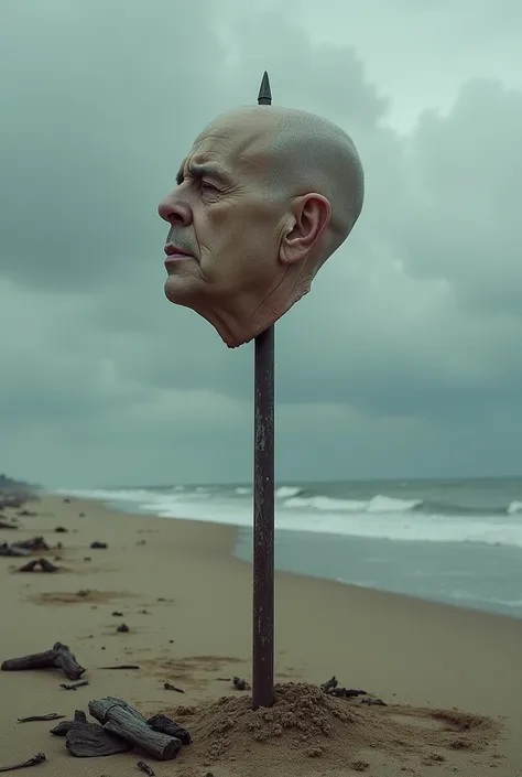 head of Alexandre de Moraes brazilian judge  facial expression on a mediaval war spear on a deserted beach