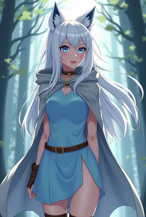 anime Half-wolf woman with white tails and hair, blue eyes almost turning white, a light blue dress made of soft cotton. The dress was simple, without exaggerated decorations, but with an elegant cut that highlighted Lyras curves in a subtle and respectful...