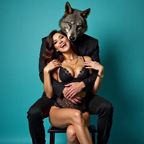 Man with wolf mask, black suit, sitting on black stool hugging a woman in sheer lace lingerie, She sitting on his legs, 18 years, huge breasts, with a flirtatious smile, She with gold watch, gold chain around the neck, Photo studio, turquoise blue backgrou...