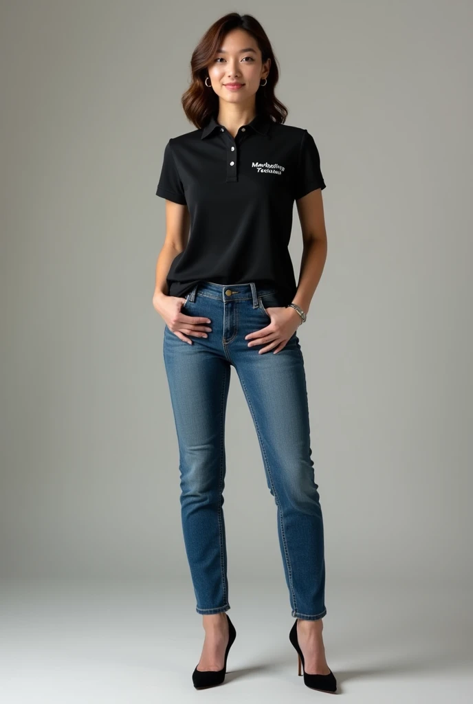 Create an outfit that includes a black polo shirt with a marketing logo on the left that says Marketing Technician, plus blue jeans with formal heels for women.