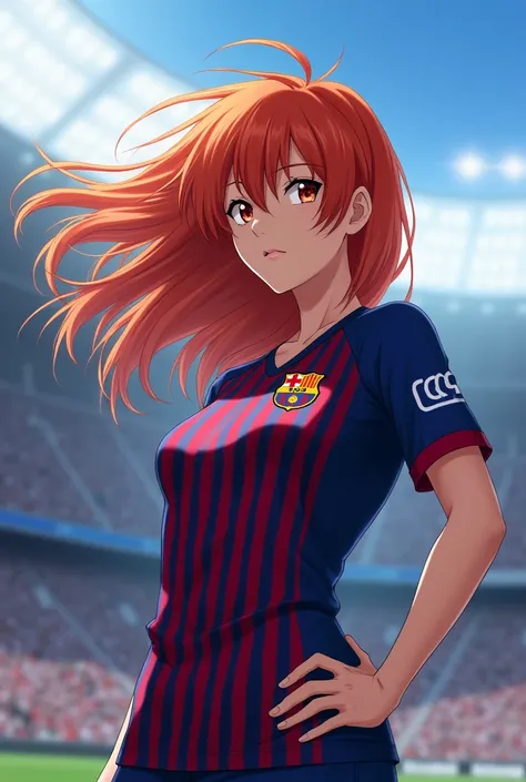 Asuka Langley Soryu with FC Barcelona shirt and the champions league
