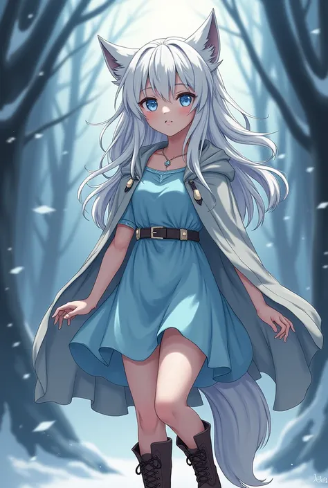 anime Half-wolf woman with white tails and hair, blue eyes almost turning white, a light blue dress made of soft cotton. The dress was simple, without exaggerated decorations, but with an elegant cut that highlighted Lyras curves in a subtle and respectful...