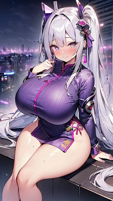 ((1girl)), (8k,16K,best quality,high-resolution,detailed fingers,detailed hands,detailed eyes,detailed legs:1.5),  ((seductive smile, (blush)),((silver hair, long hair, twin tails),(oiran),cyber clothes,(clothes with violet glitter lines)), ((huge breasts,...