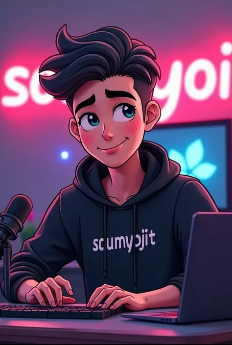 Create a vvibrant and extremely engaging and stylish 1  catoon  hot boy with a smart apperance sitting in a font of computer desk he is wearing a black hoodie with the channel name soumyojit on it the setup includes a microphone and a laptop on a desk yout...