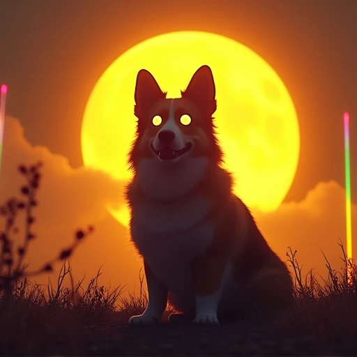 silhouette, big corgidog shadow gold moonlight, full moon,
corgi dog fluorescent,  Character profile, 
cyberpunk  psychedelic Rainbowbeam  Flash

hardboiled gun shoot蛍光, 