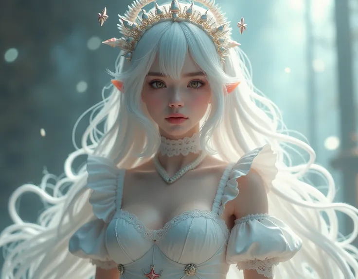 full body, Realistic, A calm-looking female demon named Luminous Valentine, white hair, long hair, Wearing a maid outfit, Other details as appropriate, The most suitable background