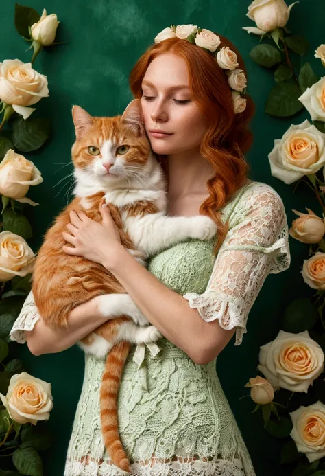 a woman in a lace knitted dress with ribbons, hugging a ginger fluffy cat, on a green background with white roses in the Provencal style, highly detailed, masterpiece, photorealistic, 8k, extremely detailed, hyper realistic, intricate details, soft lightin...