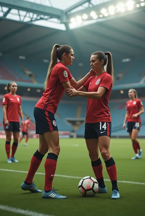 (photorealism:1.2), Womens playing soccer in a training, while a player touches another players boobs with her hands