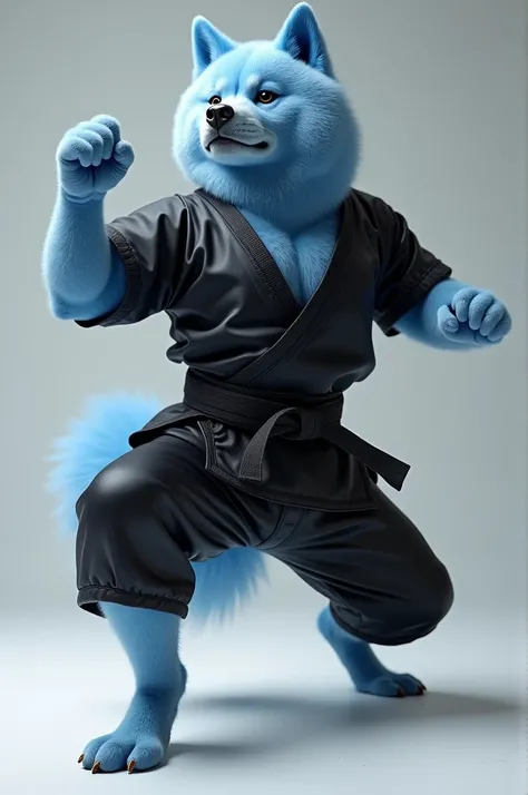 A blue Akita wearing a shiny black martial arts outfit. Doing a karate pose. 