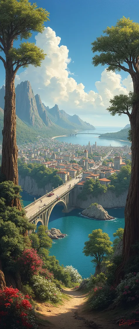 (masterpiece:1.2), Very intricate details, ff14style, Dynamic painting, Depicts a bustling city with a majestic bridge spanning a wide river, Towering giant tree々Surrounded by. The vast landscape is filled with vibrant colors 