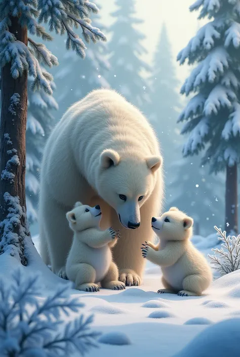 Nature with trees and snow crystal with bear playing with their babies 
