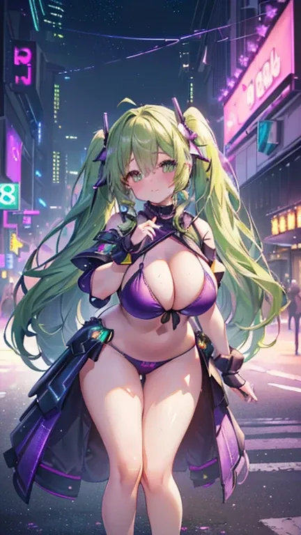 ((1girl)), (8k,16K,best quality,high-resolution,detailed fingers,detailed hands,detailed eyes,detailed legs:1.5),  ((seductive smile, (blush)),((green hair, long hair, twin tails),(bikini armor),cyber clothes,(clothes with violet glitter lines)), ((huge br...