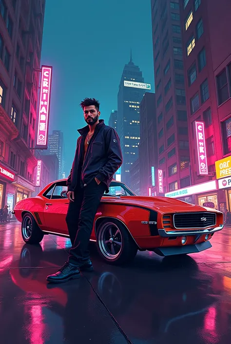 Image of a funk or pop guy with a beard and a Camaro in a city
