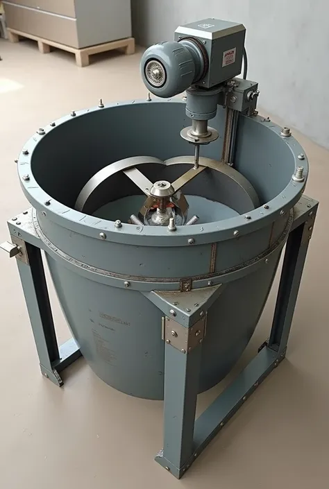 Create a simple mixing machine , with the following characteristics: mixing drum,  mixing paddles,central axis ,motor, support structure and traction system(pulleys and belts), Now for the inside