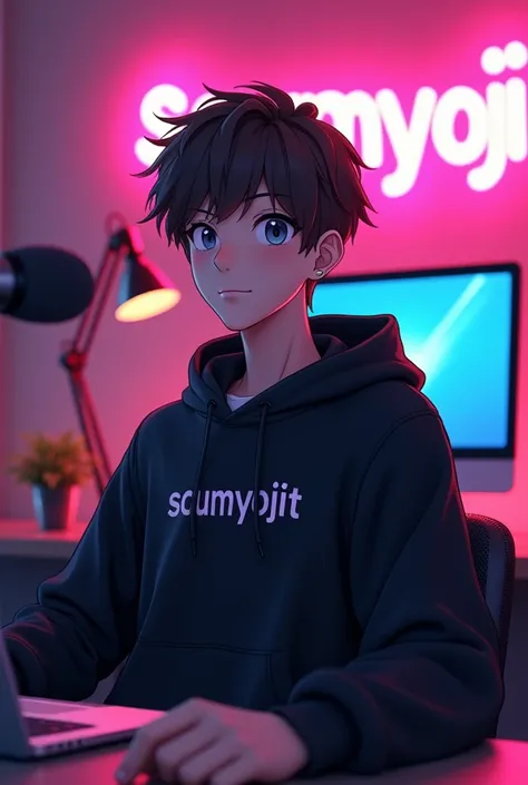 Create a vvibrant and extremely engaging and stylish Anime 1  hot  boy with a smart apperance sitting in a font of computer desk he is wearing a black hoodie with the channel name soumyojit on it the setup includes a microphone and a laptop on a desk youtu...