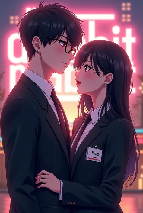 Create ultra HD anime couple character:

{character 1: {background HD text: “D’Rabbit”, school night}, white skin,
realistic, HDR, handsome, korean style, full body, age 20, Officw Clotes name card: “Pras”, glow light, male, dark black hair, dark red eye, ...