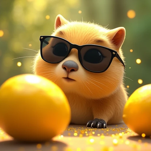 Cute capybara wearing sunglasses peeking into lemon with glitter effect, Ghibli-style colors, 
Cool speed line with a gun, Cinematic light effects, 