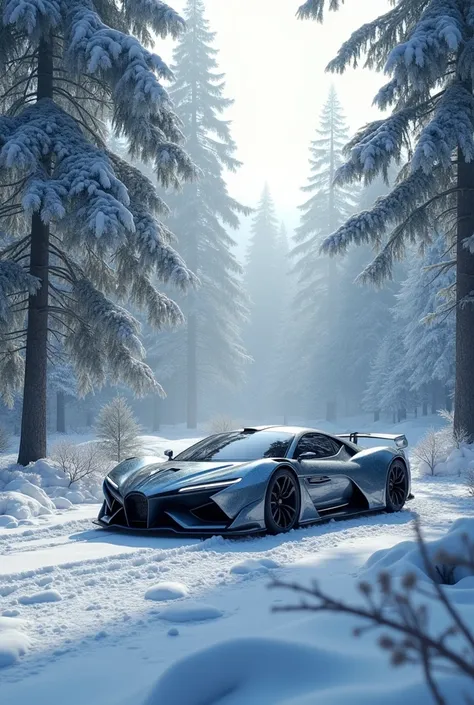 Nature with trees and snow crystal with supra car
