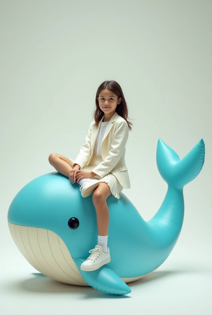 Girl in blazer skirt and sneakers sitting on the head of a small inflatable whale toy.