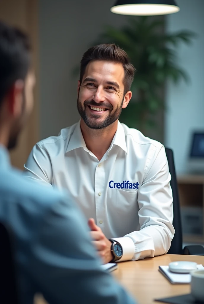 Sales consultant wearing a white long sleeve shirt with his company name on it: “Credifast” in blue on the side of his shirt, The advisor is serving a client at his desk. 