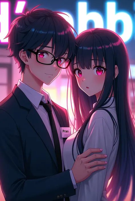 Create ultra HD anime couple character:

{character 1: {background HD text: “D’Rabbit”, school night}, white skin,
realistic, HDR, handsome, korean style, full body, age 20, Officw Clotes name card: “Pras”, glow light, male, dark black hair, dark red eye, ...