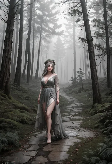 4K quality masterpiece of nature, featuring a realistic forest with dry and broken trees, heavy and shimmering fog, a stone path flowing through the scene, and a woman in sexy clothes, her face is beautiful and symmetrical, there is a halo on her head; gra...