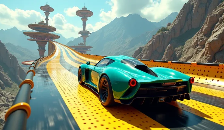 A sleek, teal-colored sports car is racing on a surreal, elevated track made of large, perforated yellow and black panels. The car appears to defy gravity as it speeds sideways along the wall of the track, which curves sharply upward. The track is suspende...