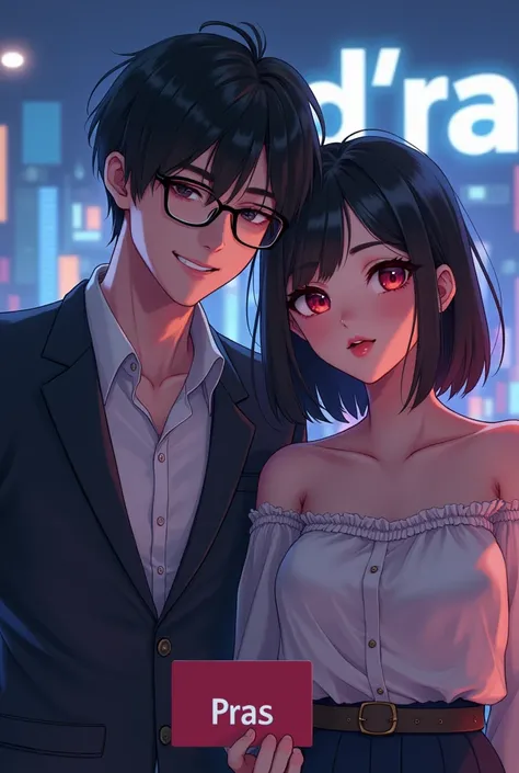 Create ultra HD anime couple character:

{character 1: {background HD text: “D’Rabbit”, school night}, white skin,
realistic, HDR, handsome, korean style, full body, age 20, Officw Clotes name card: “Pras”, glow light, male, dark black hair, dark red eye, ...