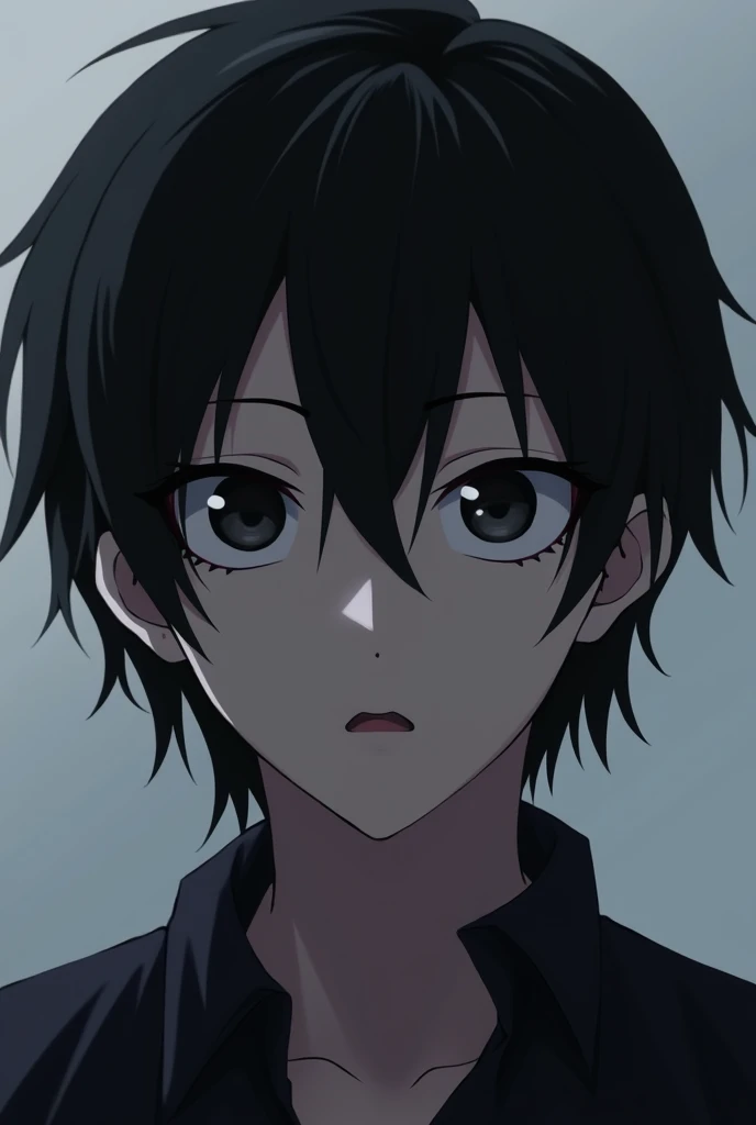 one  men, shoulder length black hair, black eyes with a lazy, sleepy look. anime dash 
