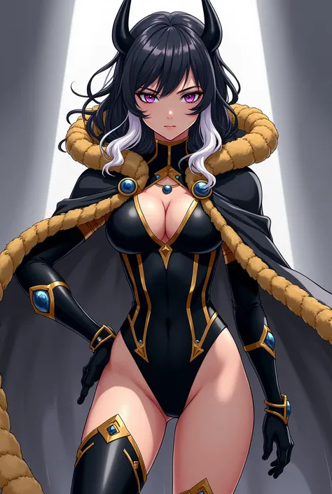 My Hero Academia, a teenage girl, with black hair, Wavy, with white locks and medium-sized, slightly pointed black horns. Purple eyes with golden highlights, has a serious expression. wear hero suit, Black fitted clothing with gold and grey details, legs e...