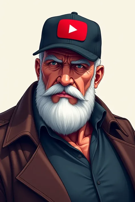 Generate an image as if it were a logo for YouTube, that is a man with white hair with a short, muscular beard and with a cap that has a c on it