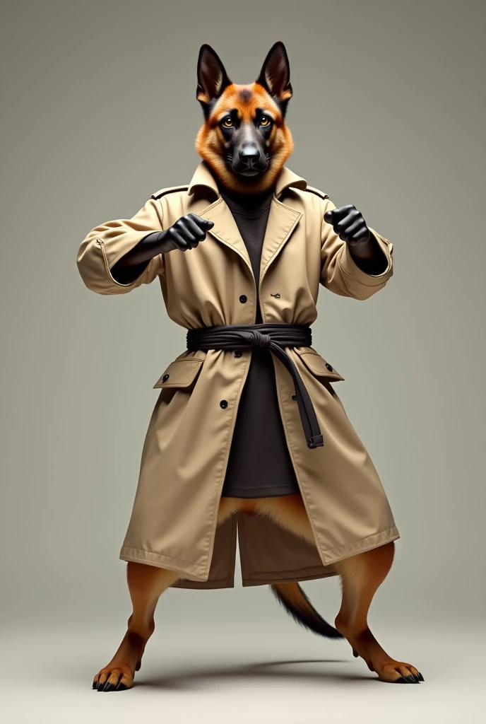 A German Shepherd wearing a Mens Casual Mid-Length Casual Trench Coat. Doing a martial arts pose.  