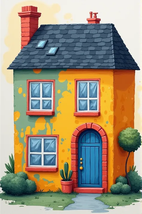 Kaleem paint is to write the name 
And the front of the house, the building, the door, the windows, the cute gray pictures, the color bucket, the colorful label, leaving space.