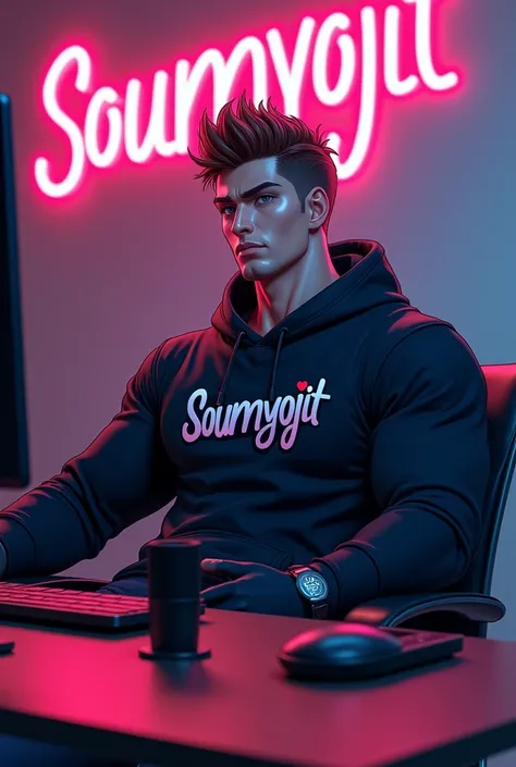 Create a vvibrant and extremely engaging and stylish Anime 1  hot  boy Looking in font  more muscle   With stylish hairstyle Looking at font
 And high confidencewith a smart apperance sitting in a font of computer desk he is wearing a black hoodie with the...