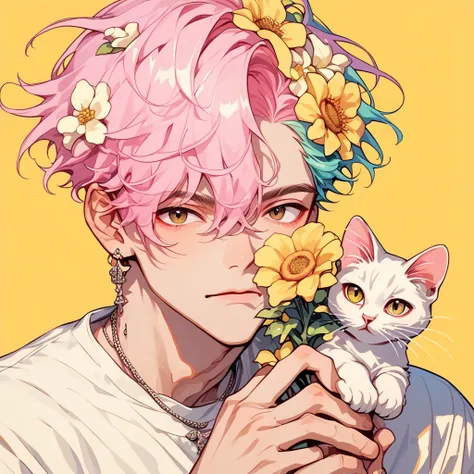 pastel style, 1boy, brown eyes, flower, male focus, yellow background, jewelry, pink hair, earrings, looking at viewer, cat, hai...